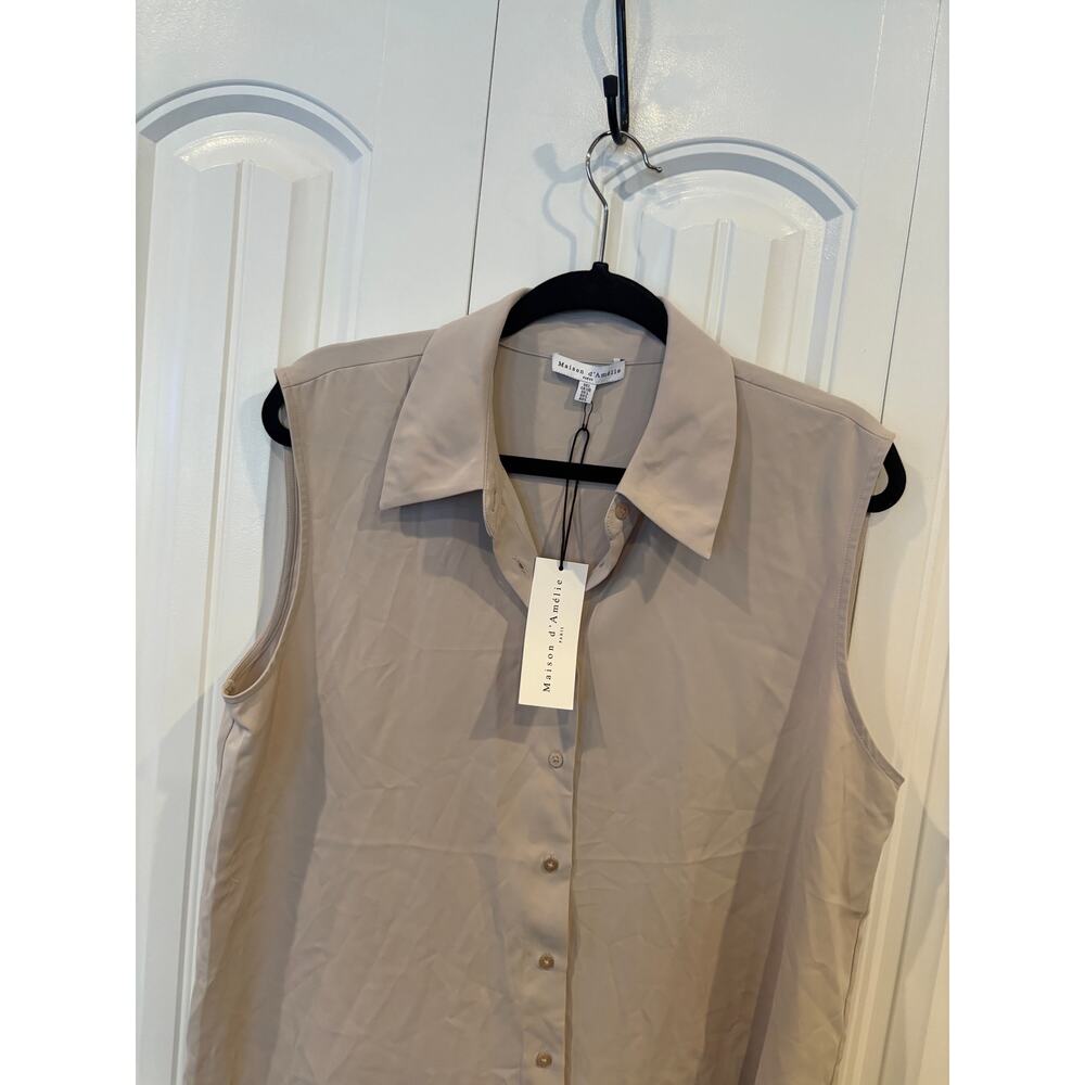 Maison‎ d’ Amelie Tan Button Down Tank Blouse Size Large - Picture 3 of 6